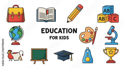 A vibrant collection of cartoon school supply icons representing children's learning and creative development
