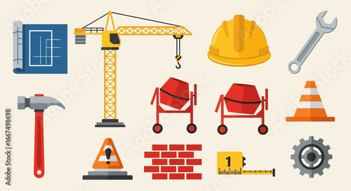 Vector set of construction site elements and building tools. A flat design concept for the engineering and architecture industry
