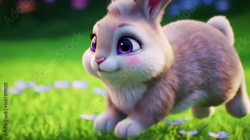 Animated Rabbit Walking on Grassy Field with Flowers