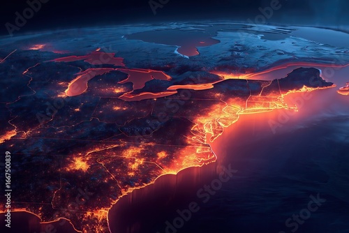 United States Map Heat Disaster Concept, Glowing Outline Extreme Climate Crisis Illustration