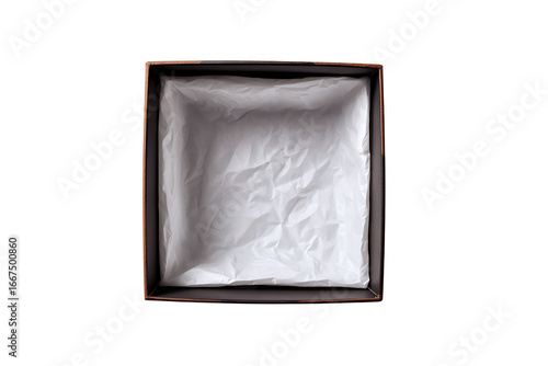 Empty gift box with crumpled white paper interior on a solid black background for versatile packaging inspiration