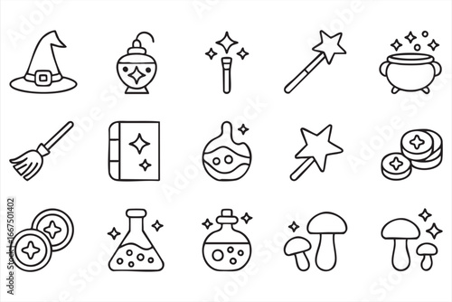 Magical symbols and witchcraft tools, including potions and spellbook icons