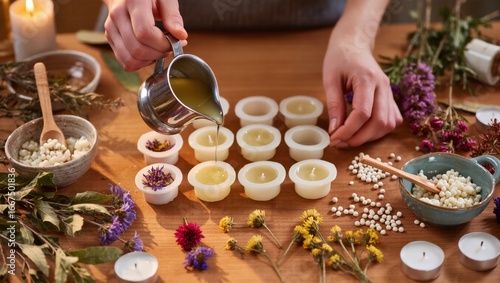 Making homemade scented candles with herbs and flowers. Pouring melted wax into molds for a diy aromatherapy hobby.