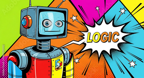 A retro-style robot with a television screen for a head, displaying 
