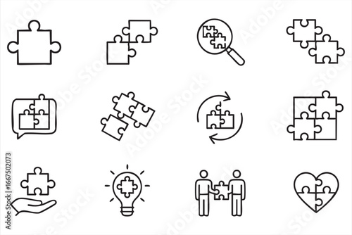 Puzzle icon collection with fitting pieces, magnifying glass, and collaboration symbols