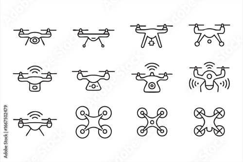 Flying drone icon set with multiple designs, perfect for aerial and tech projects