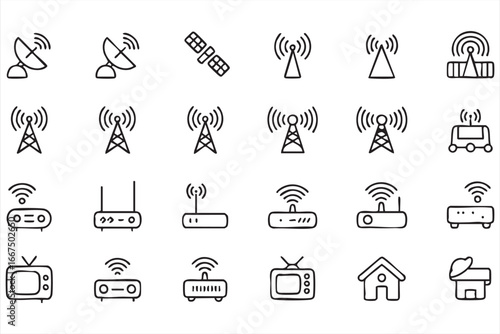 Wireless internet and TV technology icons including routers, satellites, and antennas