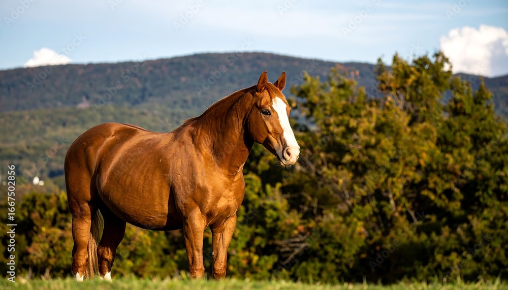 Obraz premium Chestnut Horse in Autumnal Pasture, Mountains