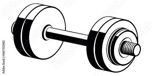 Illustration of a dumbbell with weights on both sides and a threaded end in black and white style