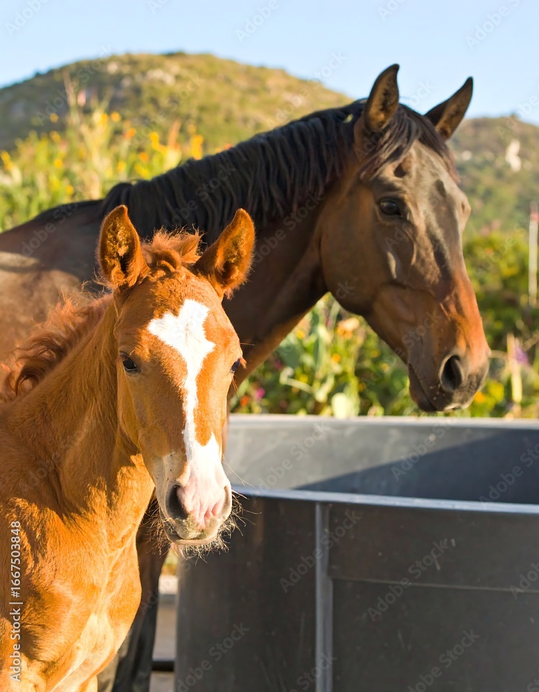 Naklejka premium Chestnut foal and its dark brown mother stand near a water trough, hills in the background