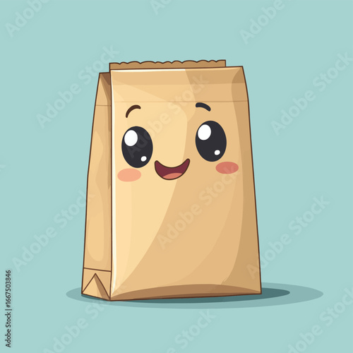 Craft paper bag cute cartoon character greeting smiling food package shop pack delivery cardboard vector illustration