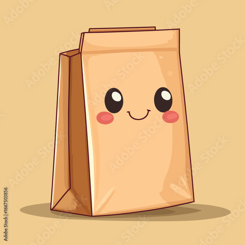 Craft paper bag cute cartoon character greeting smiling food package shop pack delivery cardboard vector illustration