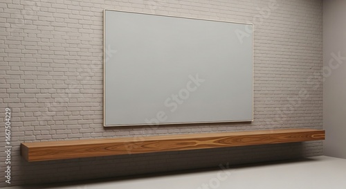 Modern interior with blank screen on brick wall and wood shelf