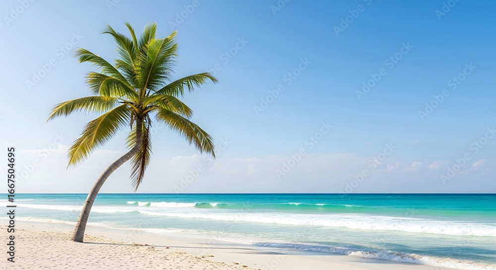 Fototapeta premium Serene Tropical Paradise: Lone Palm Tree on Pristine Beach