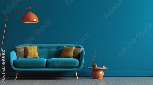 Modern living room with blue sofa and orange accents