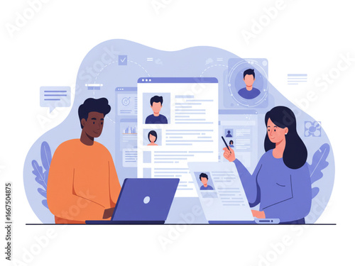 Vector illustration of diverse coworkers using artificial intelligence generative tools to review resumes -  AI generative tools for human resources concepts.
