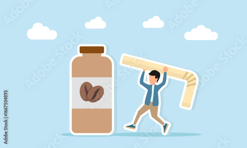 Man running toward a drink bottle with coffee bean label carrying a straw illustration for appreciation of coffee day or coffee festival celebration