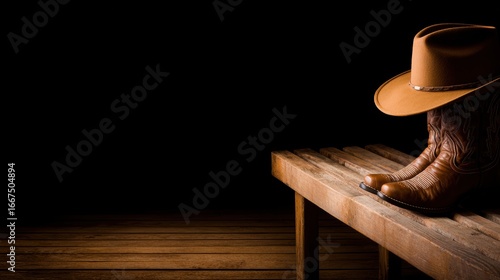 A pair of brown cowboy boots resting on a wooden platform, illuminated against a dark background