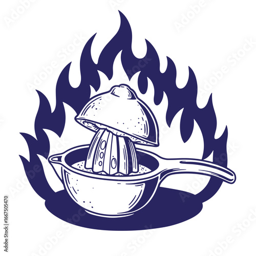 Hand-drawn illustration of a citrus juicer with flames in the background a design concept.