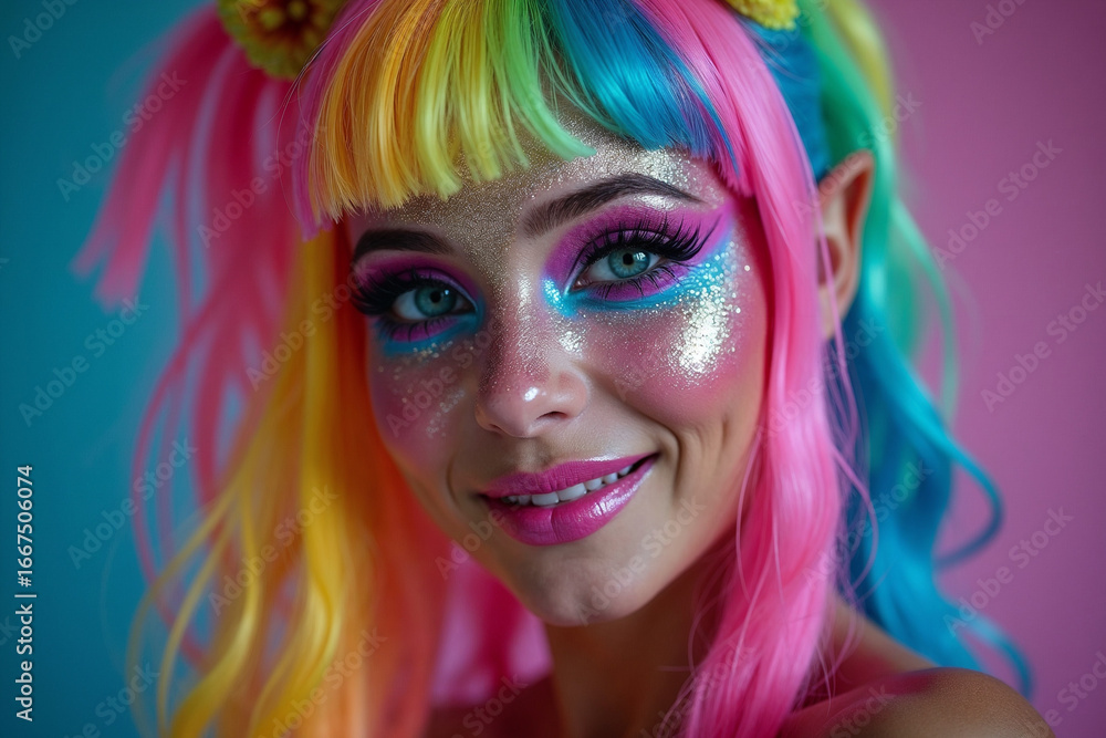 Obraz premium Beautiful Woman in Unicorn Costume with Glitter Makeup