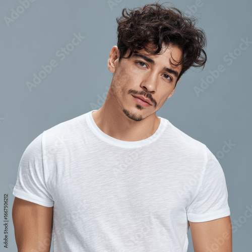 Wallpaper Mural A plain white t shirt is worn by a male model for use in brand identity and design template. The simple studio shot highlights space for logo or artwork placement. Torontodigital.ca