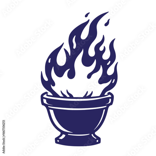 Illustration of a stylized burning fire inside a decorative bowl against a white backdrop