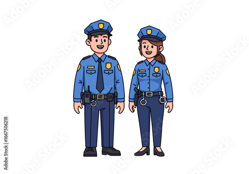 A smiling male and female police officer team standing together in full uniform. Professional law enforcement cartoon character illustration