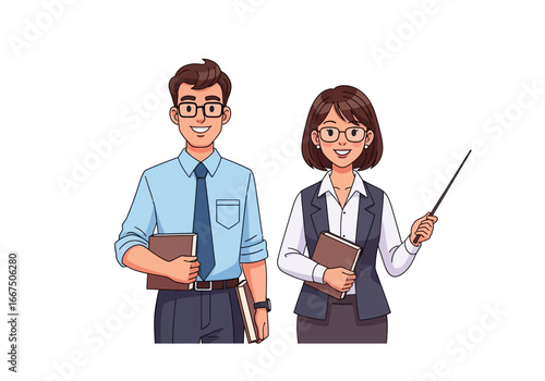 Professional man and woman team of educators or business colleagues, smiling and holding books. Vector character design illustration