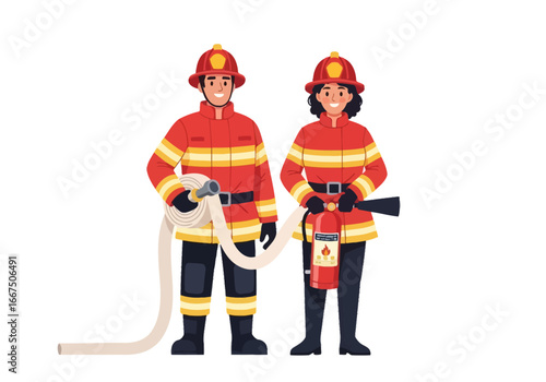 Brave Firefighters in Uniform Holding Hose and Extinguisher