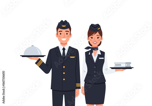 Professional airline crew members serving guests, emphasizing a commitment to exceptional travel experiences and customer satisfaction