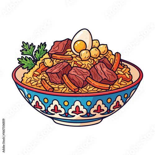 Delicious pilaf dish with meat vegetables and egg in a bowl