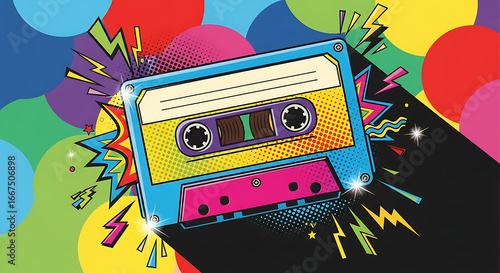 A vibrant, retro-style illustration of a cassette tape on a colorful pop art background.
