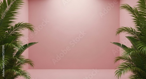Elegant pink backdrop with lush tropical plants for product display