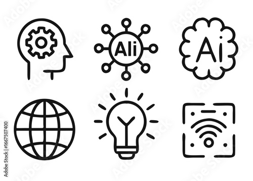 Modern artificial intelligence brain and technology icon set featuring neural networks and futuristic concepts in vivid colors