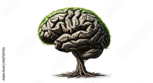 Brain Tree with Green Moss and Roots: Organic Thought, Natural Intelligence, Growth & Eco-Consciousness Concept