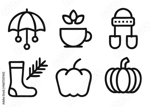 A collection of adjustable line weight autumn themed icons featuring pumpkins and seasonal elements for graphic design projects