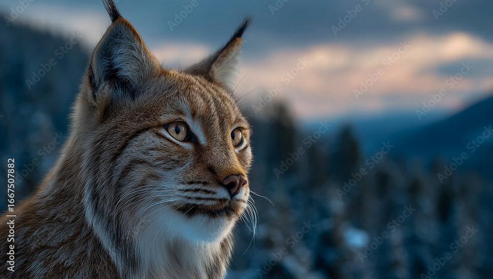 Fototapeta premium Close up portrait of a wild lynx in a snowy mountain landscape