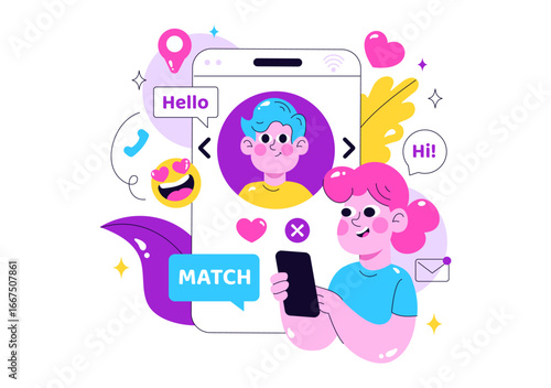 Online Dating App Vector Illustration Featuring a Couple with Male and Female on Smartphone, Showing Match, Love, and Relationships in a Background