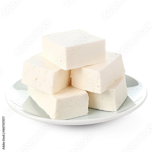 A stack of white tofu cubes on a white plate.