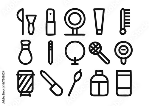 Comprehensive collection of beauty and grooming icons featuring hair care and makeup application tools for modern design projects