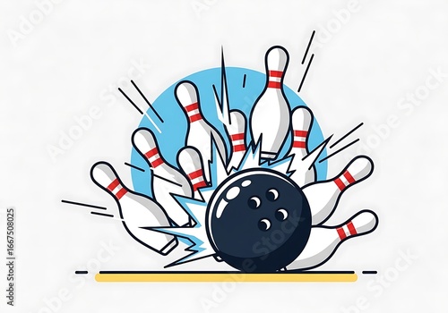 Bowling Strike A Cartoon Illustration of Pins Falling After Being Hit by a Ball