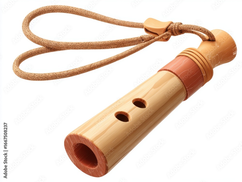 Fototapeta premium Small Light Brown Wooden Whistle with Terracotta Mouthpiece and Tan Cord