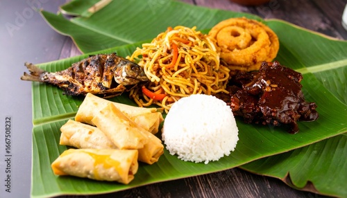 Rustic Filipino comfort food feast on banana leaves featuring adobo, pancit, grilled fish, rice, lumpia, and more, styled in a traditional boodle fight for stock photography.