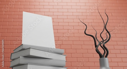 Blank book cover invites creativity against textured brick wall