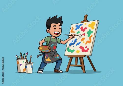 Cartoon Artist Painting Colorful Abstract Shapes on Canvas.