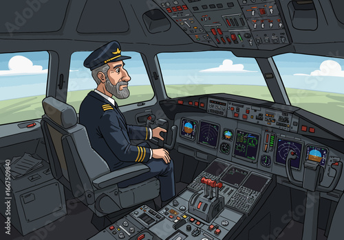 Airplane Pilot in Cockpit Illustration.