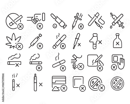 Set of outline icons related to quit addiction .Linear icon collection