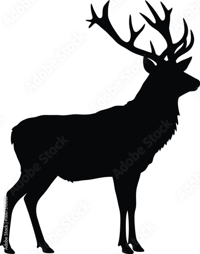 Black silhouette of a stag with large antlers standing on a white background deer 1