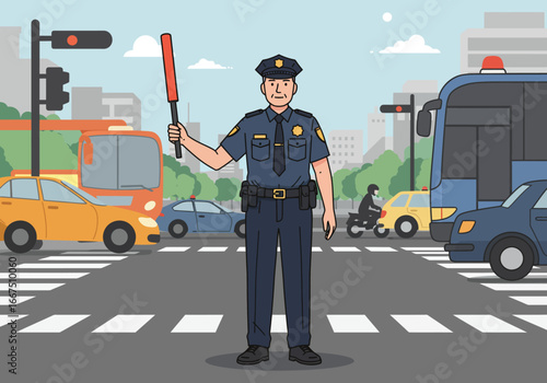 Cartoon Policeman Directing Traffic with Baton in City Street.
