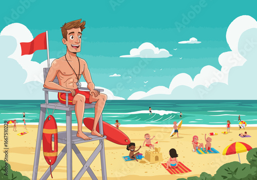 Cartoon Lifeguard on Duty at Beach with Rescue Equipment and Red Flag.